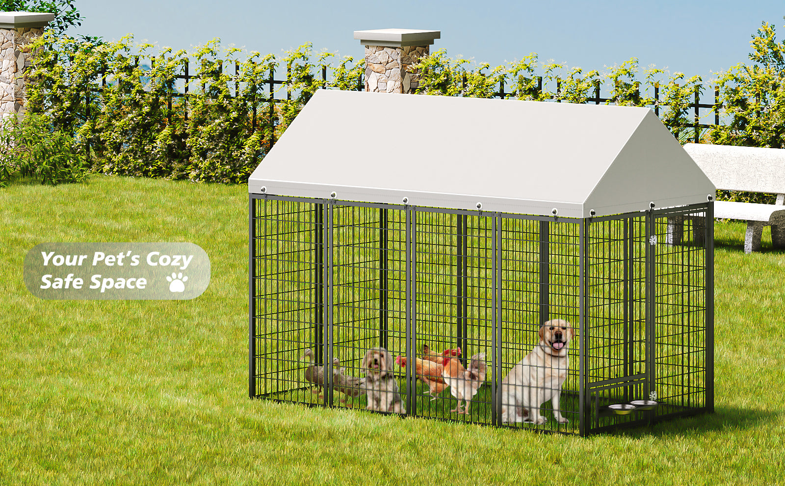 Large Dog Kennel Outdoor Pet Pens Dogs Run Enclosure Animal Hutch Metal Coop Fence With Roof Cover. 7.94'L X 4.13'W X 5.95'H.