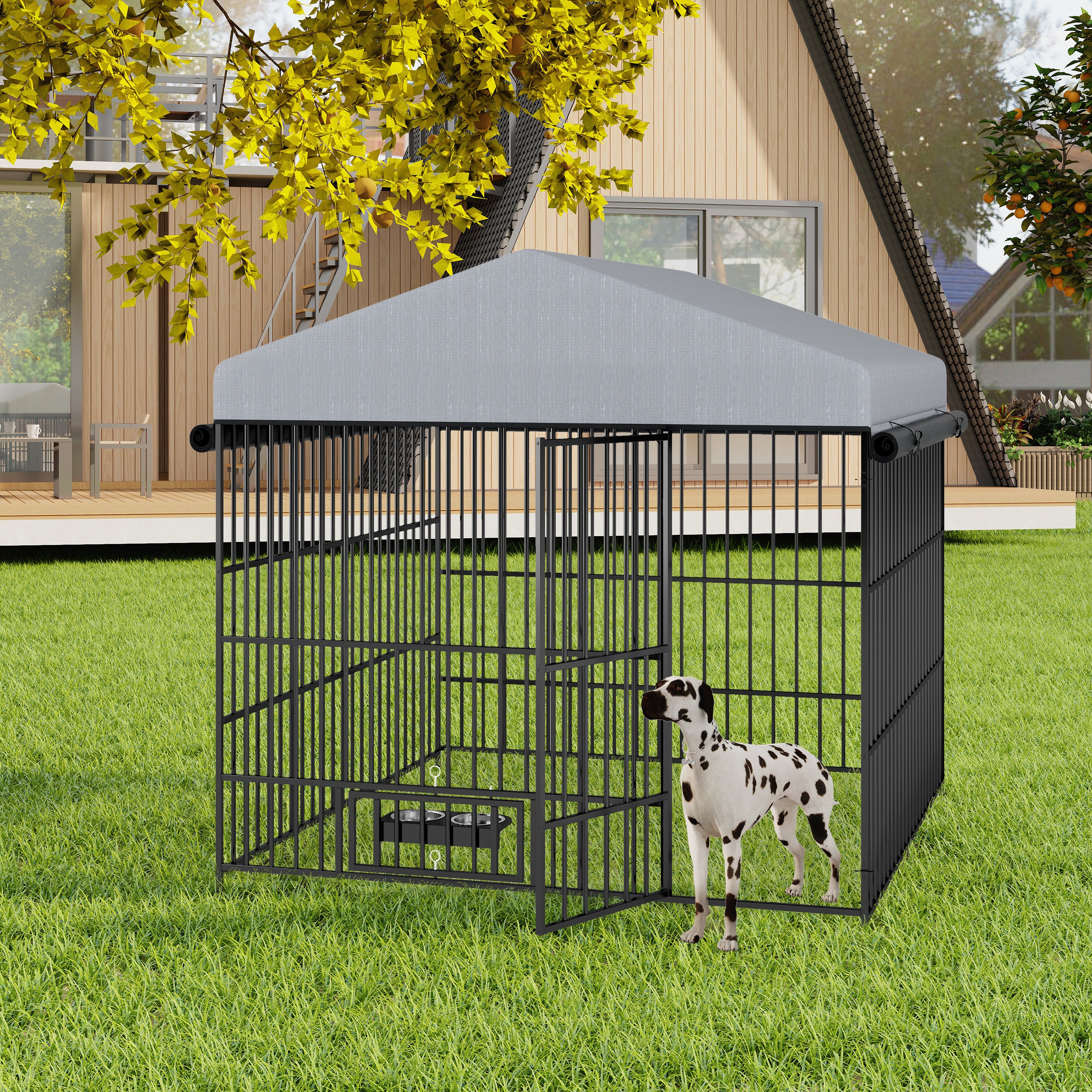 Large Dog Kennel Outdoor Pet Pens Dogs Run Enclosure Animal Hutch Metal Coop Fence With Roof Cover 6.6 L X 6.6 W X 6.4 H