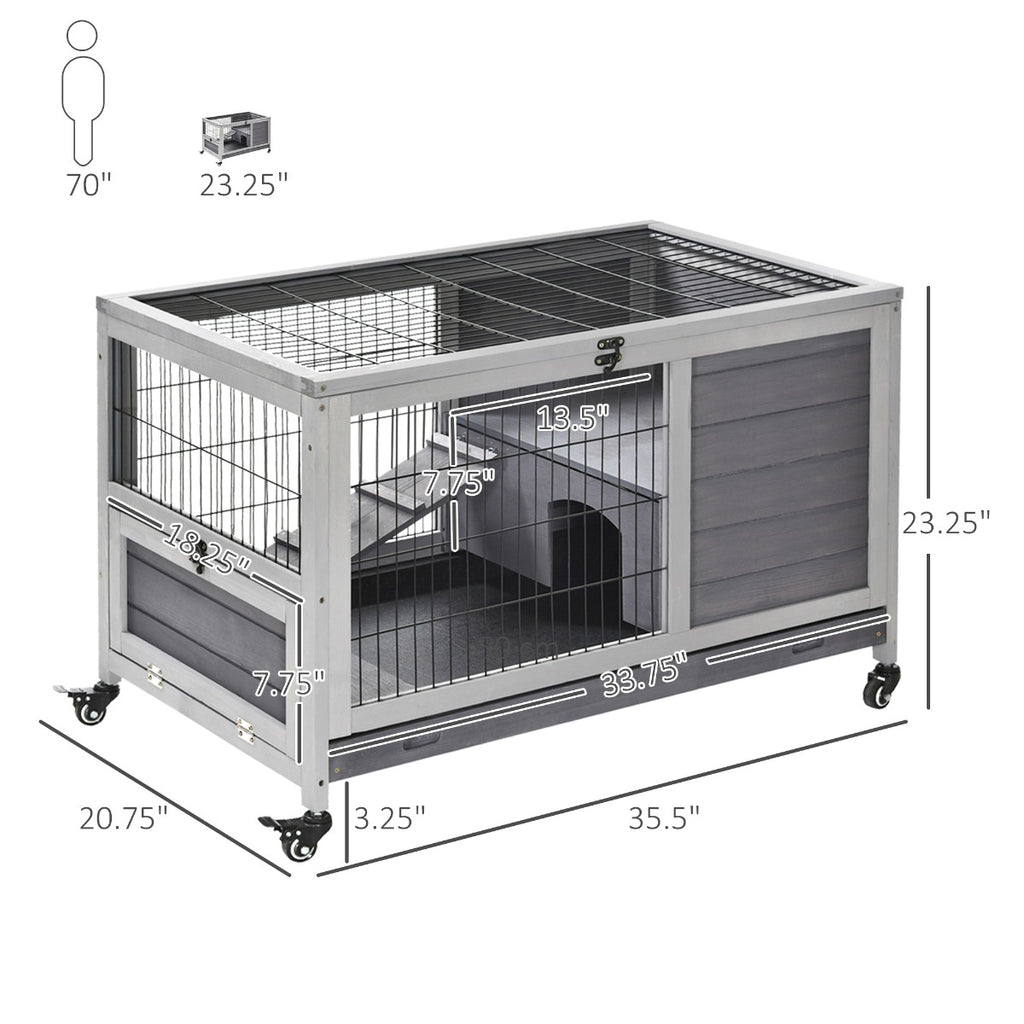 Indoor Rabbit Enclosure, Wooden Elevated Cage Habitat with Enclosed Run with Wheels - Ideal for Rabbits and Guinea Pigs
