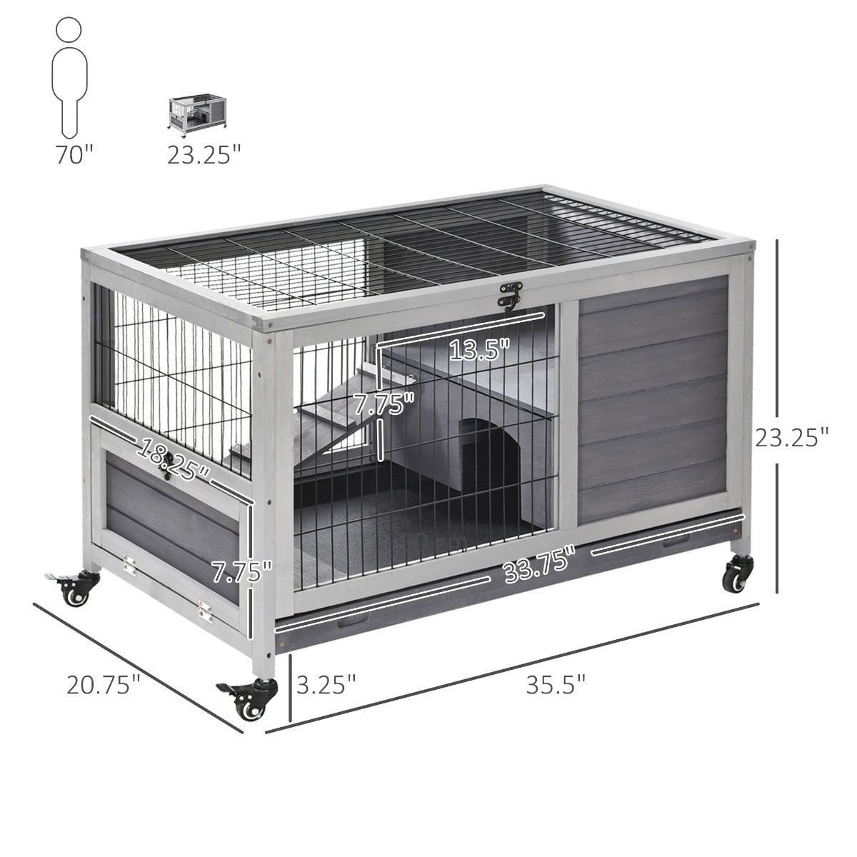 Indoor Rabbit Enclosure, Wooden Elevated Cage Habitat with Enclosed Run with Wheels - Ideal for Rabbits and Guinea Pigs