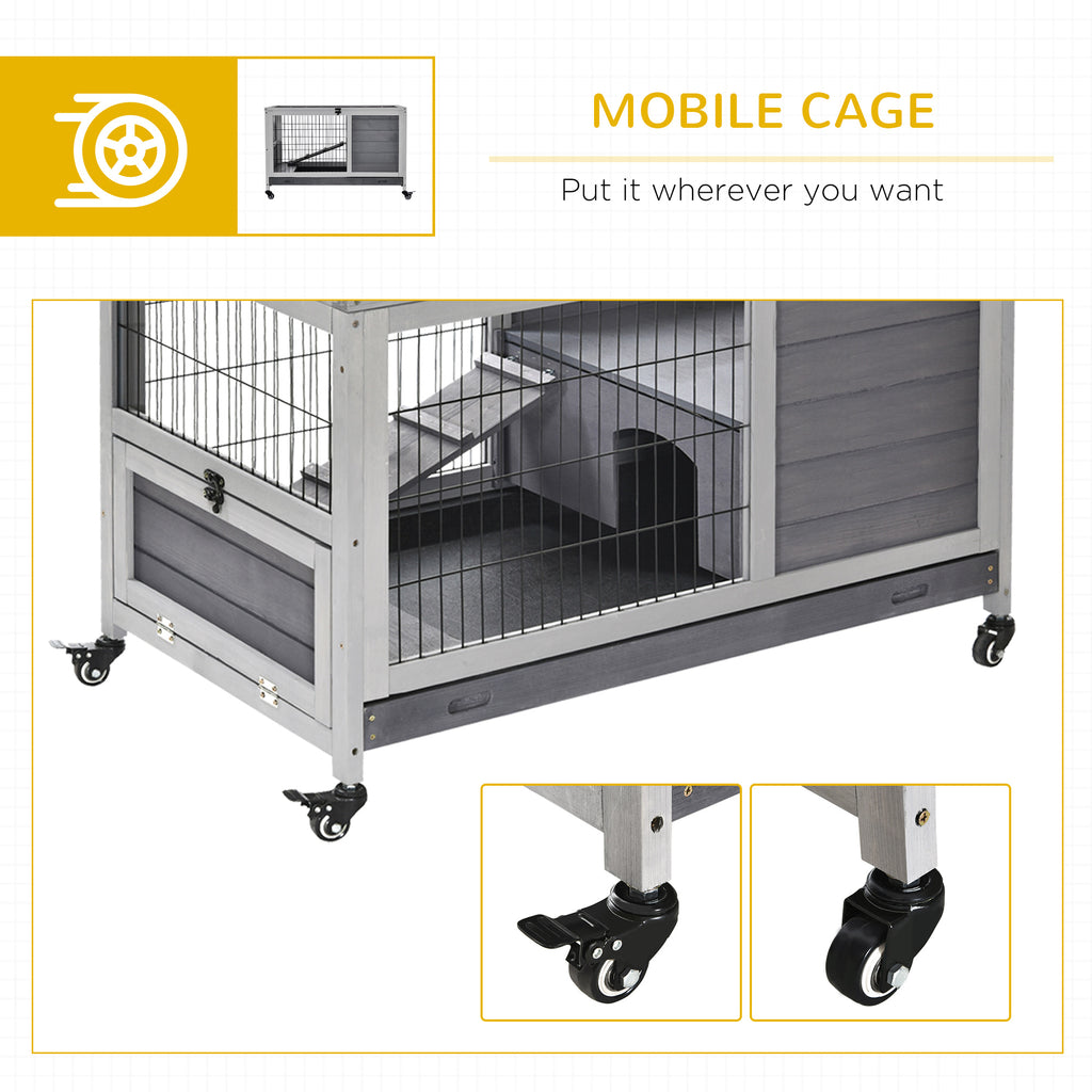 Indoor Rabbit Enclosure, Wooden Elevated Cage Habitat with Enclosed Run with Wheels - Ideal for Rabbits and Guinea Pigs