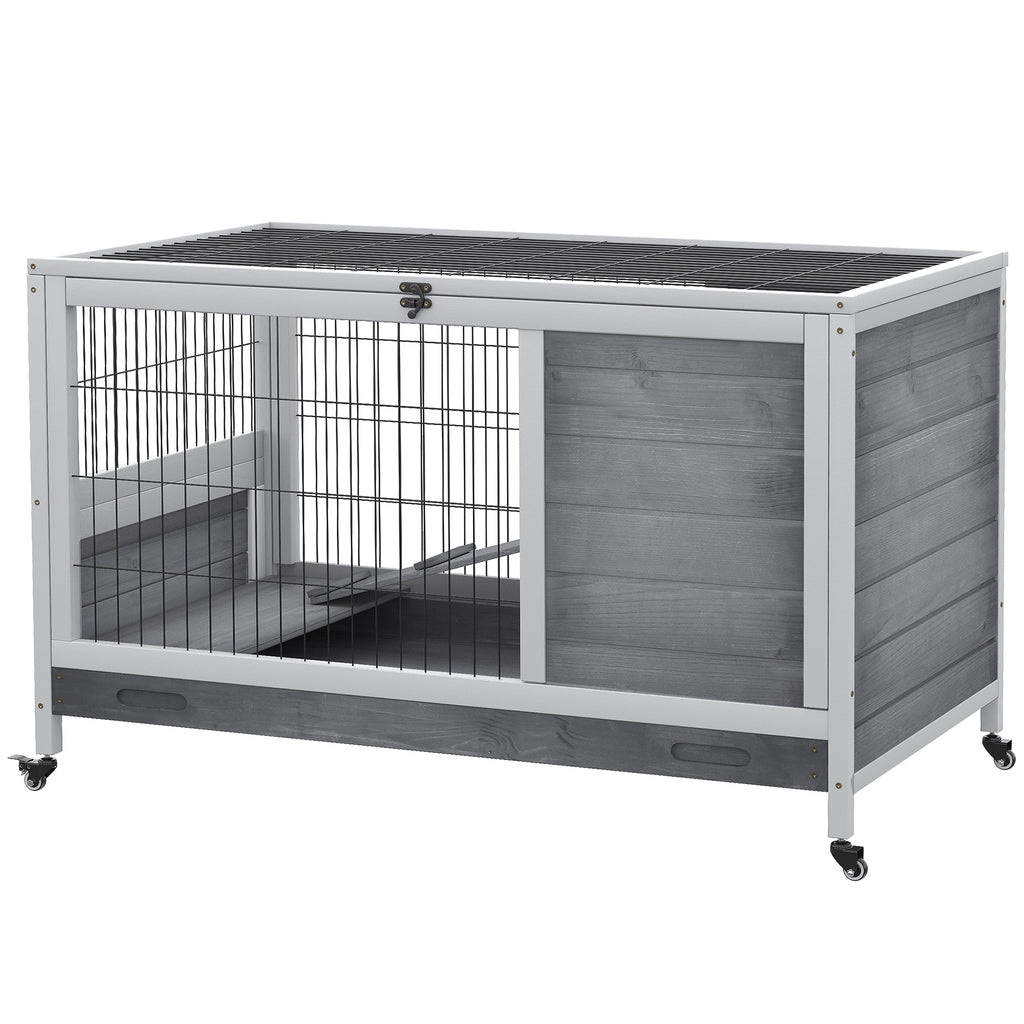 Indoor Rabbit Enclosure, Wooden Elevated Cage Habitat with Enclosed Run with Wheels - Ideal for Rabbits and Guinea Pigs