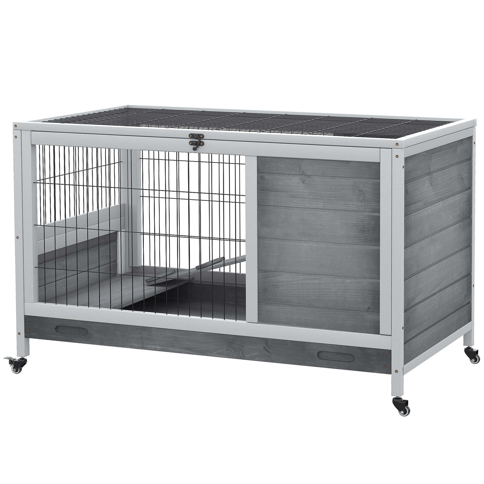 Indoor Rabbit Enclosure, Wooden Elevated Cage Habitat with Enclosed Run with Wheels - Ideal for Rabbits and Guinea Pigs