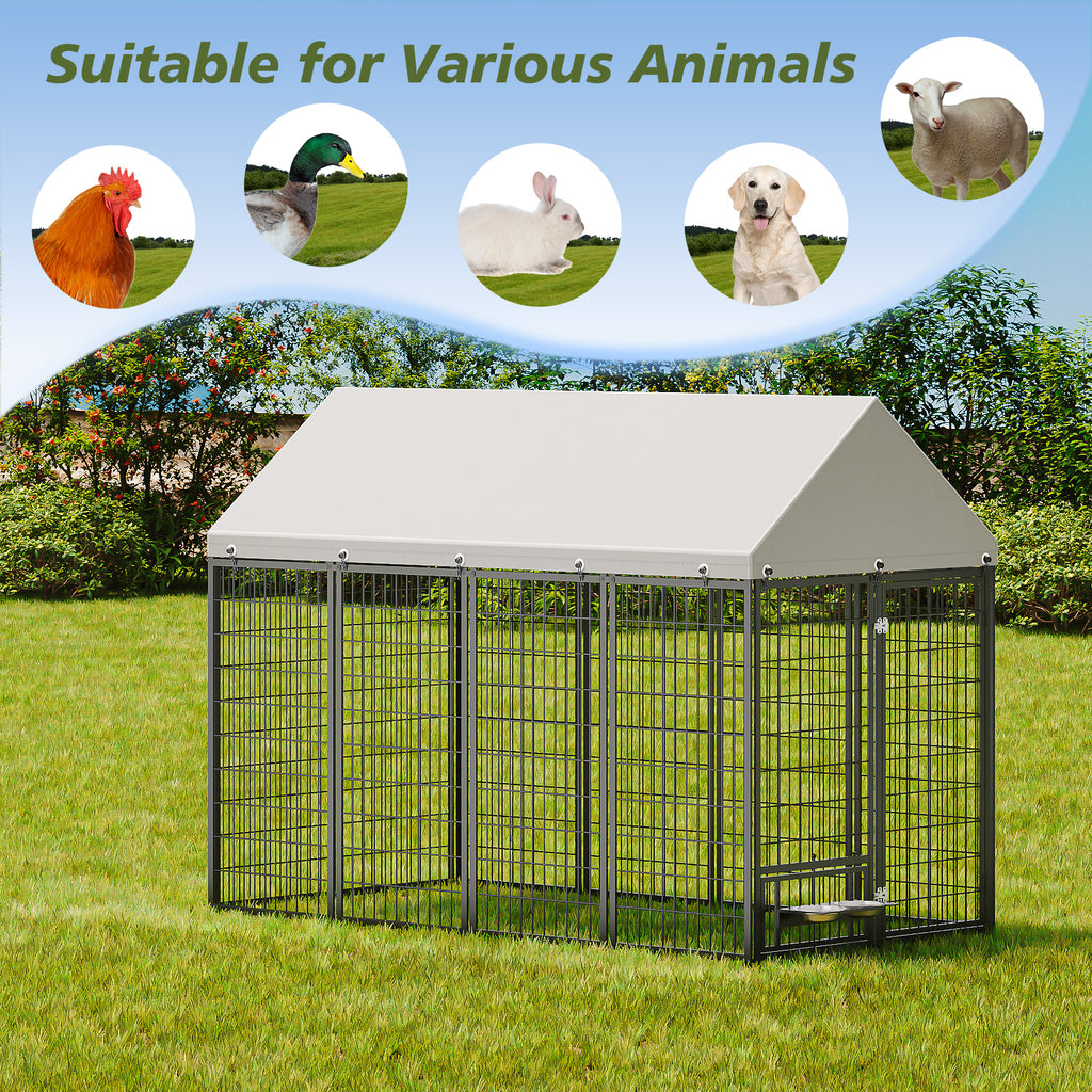 Large Dog Kennel Outdoor Pet Pens Dogs Run Enclosure Animal Hutch Metal Coop Fence With Roof Cover. 7.94'L X 4.13'W X 5.95'H.