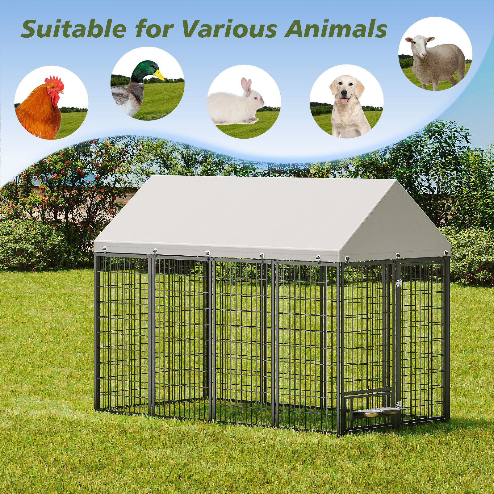 Large Dog Kennel Outdoor Pet Pens Dogs Run Enclosure Animal Hutch Metal Coop Fence With Roof Cover. 7.94'L X 4.13'W X 5.95'H.