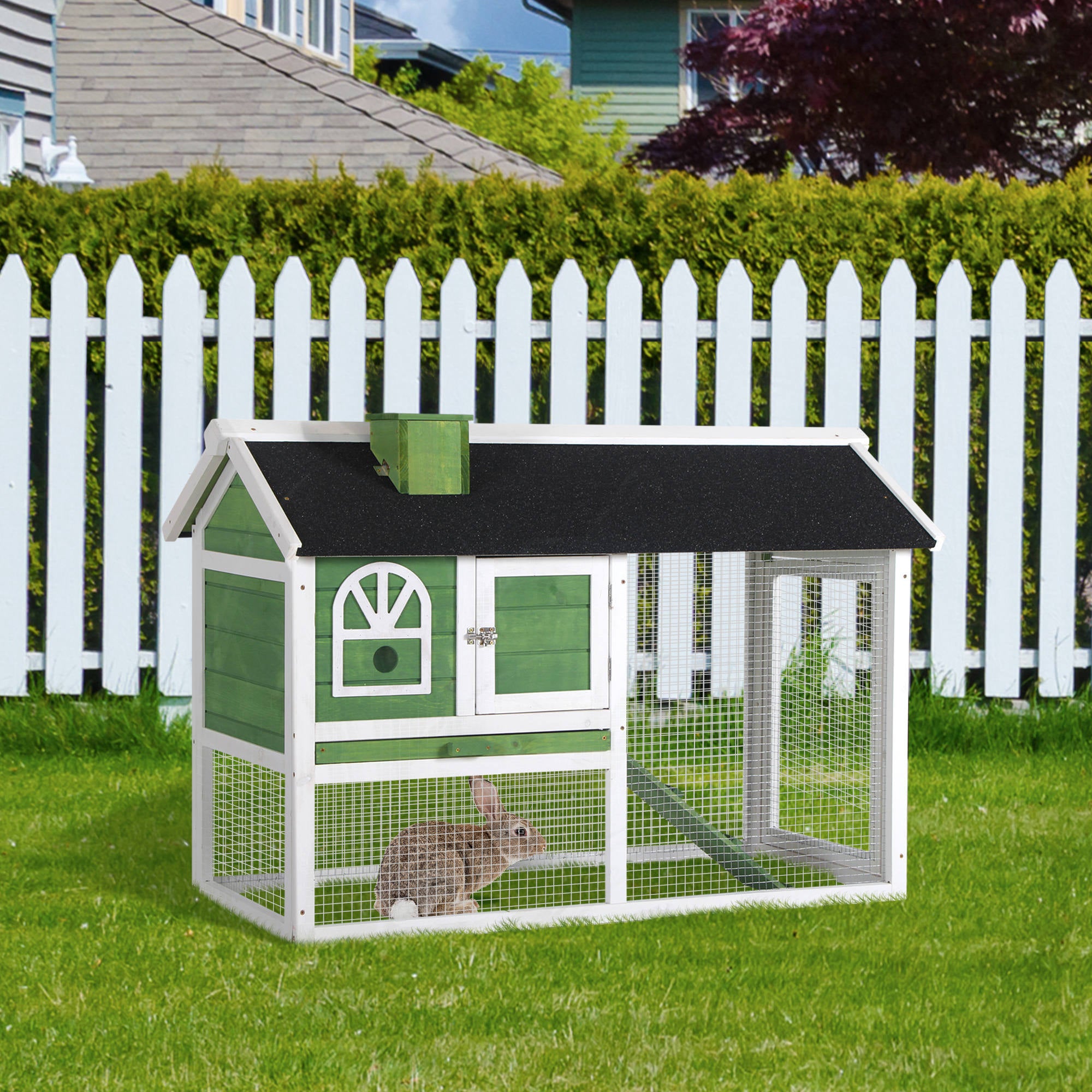 PawHut Wooden Rabbit Hutch And Run With Sliding Tray, Ramp, Water-resistant Roof, For 2-4 Rabbits, Green