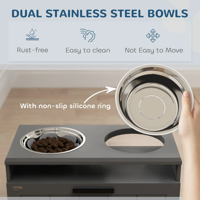 Elevated Dog Bowls, Large Breed Raised Dogs Bowl Stand With 2 Stainless Steel Bowls, Storage Drawer And Slow Feeder Mat