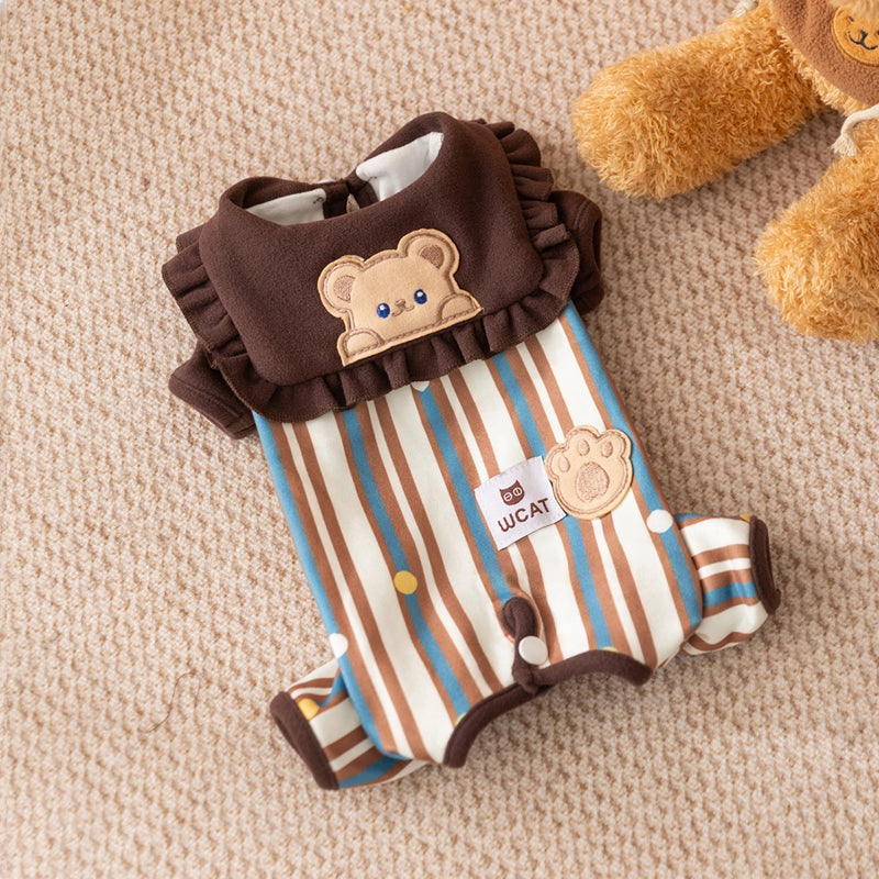 Cute Bear Patch Striped Pet Onesie, Ruffled Collar Dog Jumpsuit With Paw Print Detail For Small Dogs